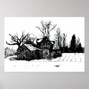 Croquis d'encre Ancienne ferme affiche de scène hi