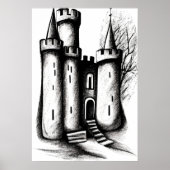 Croquis noir et blanc du château | AI Art Poster (Devant)