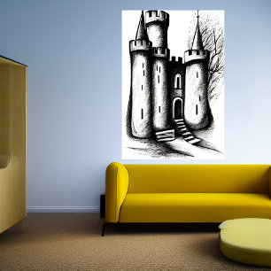 Croquis noir et blanc du château AI Art Poster