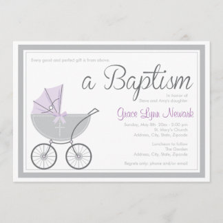 Cross Baby Carriage Paarse Meisje Doopuitnodiging Kaart