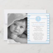 Cross Blue Stripes Boy Foto Baptisme Uitnodiging (Voorkant)