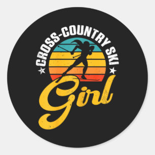 Cross Country Ski Girl Retro Wintersport Skiër B Ronde Sticker