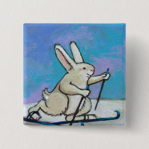 Cross-country Skikonijn maakt leuke winterkunst le Vierkante Button 5,1 Cm