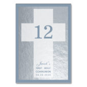 Cross First Commune Faux Silver Dusty Blue Boy Kaart (Achterkant)