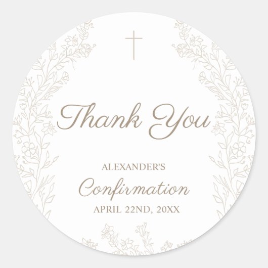 Cross Floral Confirmation Thank You Ronde Sticker (Voorkant)