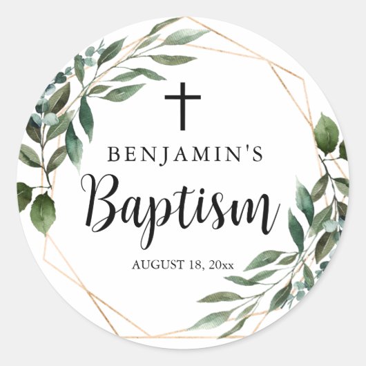 Cross Greenery Gold Baptism Classic Round Sticker (Voorkant)