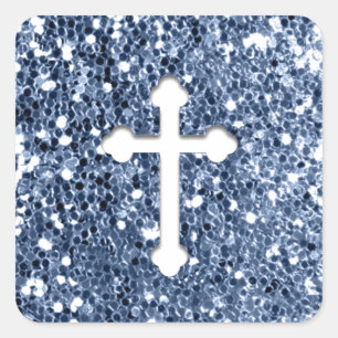 Cross in White op Blue Glitter Look Vierkante Sticker