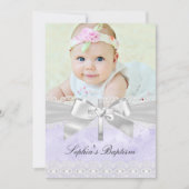 Cross Lace Bow Purple Photo Baptême Invitation (Devant)