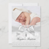 Cross & Lace Bow Silver Photo Baptism Invitation Kaart (Voorkant)