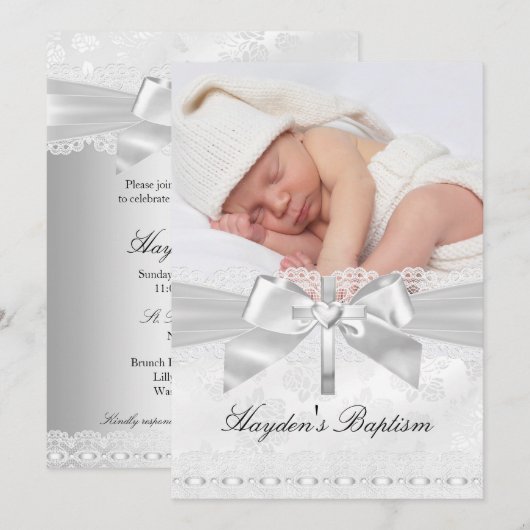 Cross & Lace Bow Silver Photo Baptism Invitation Kaart (Voorkant / Achterkant)