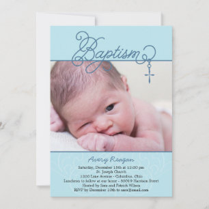 Cross Pendant Photo Baptism Invitation - Blue Kaart