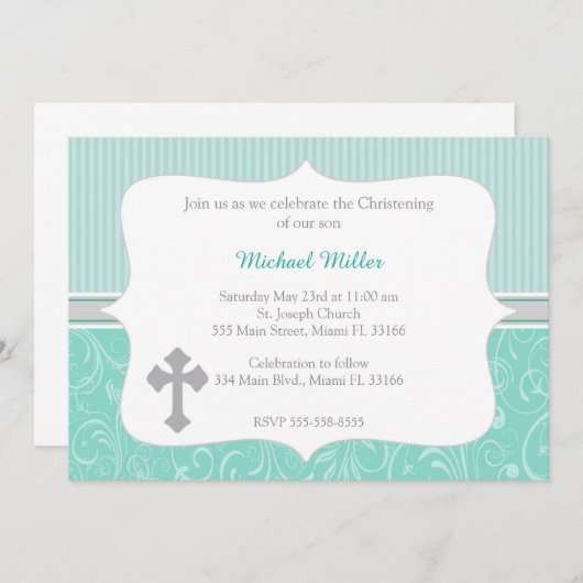 Cross Turquoise Christening Uitnodiging (Voorkant / Achterkant)