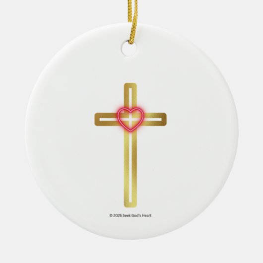 Cross with Heart in the Middle - round,  Keramisch Ornament (Voorkant)