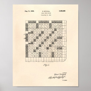 Cross Word Puzzle 1936 Patent Art Old Peper Poster