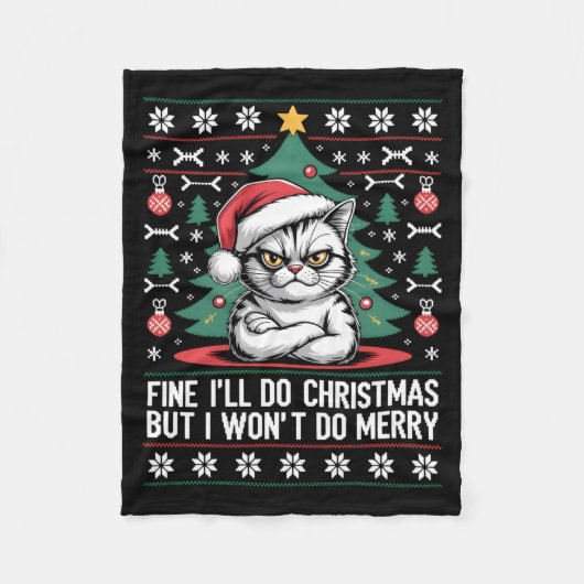 Crossed Arms Cat Funny Christmas Ugly Sweater Long Fleece Deken (Voorkant)