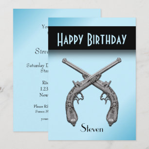 Crossed Pistols Blue Birthday Party Invitation Kaart