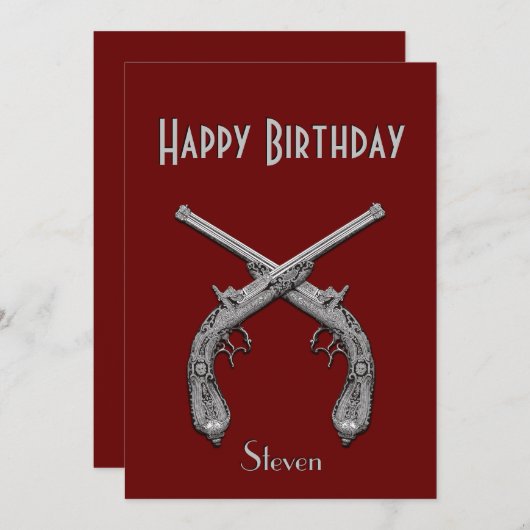 Crossed Pistols Donkerrood Verjaardagsfeestuitnodi Kaart (Voorkant / Achterkant)