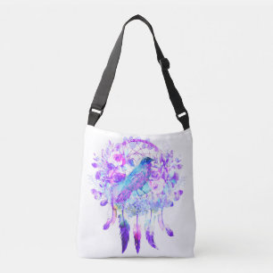 Crow Dreamcatcher Blauw Paarse Bloemen Crossbody Tas