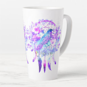 Crow Dreamcatcher Blauw Paarse Bloemen Latte Mok