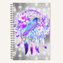 Crow Dreamcatcher Blauw Paarse Bloemen