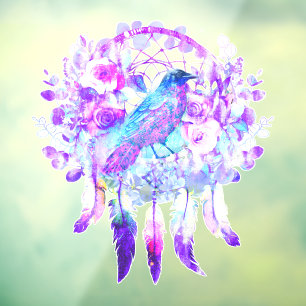 Crow Dreamcatcher Blauw Paarse Bloemen Raamsticker