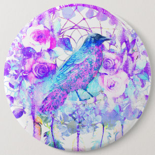 Crow Dreamcatcher Blauw Paarse Bloemen Ronde Button 6,0 Cm