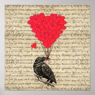  Crow en hartvormige ballonnen Poster