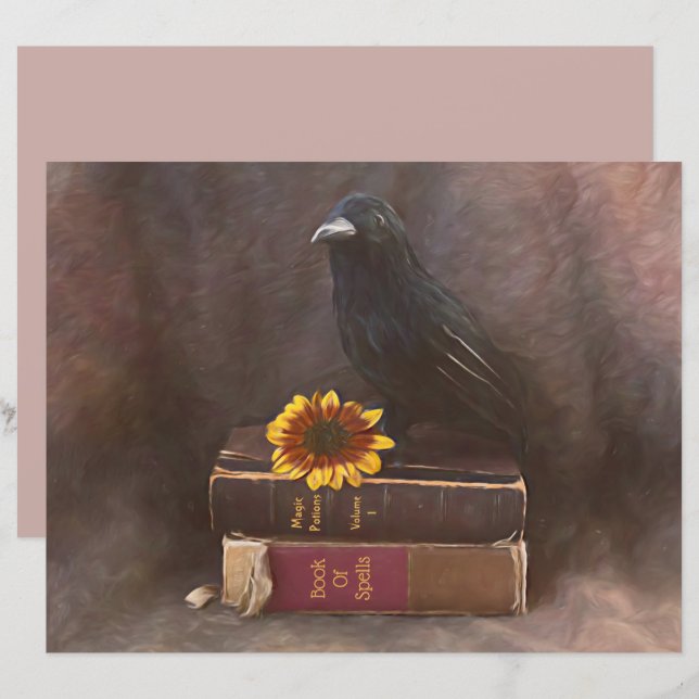 Crow  Gothic Old Books Sunflower Art (Voorkant / Achterkant)