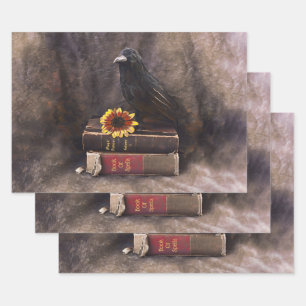 Crow Gothic Old Books Sunflower Floral Inpakpapier Vel