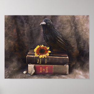 Crow Gothic  Old Books Sunflower Floral Poster