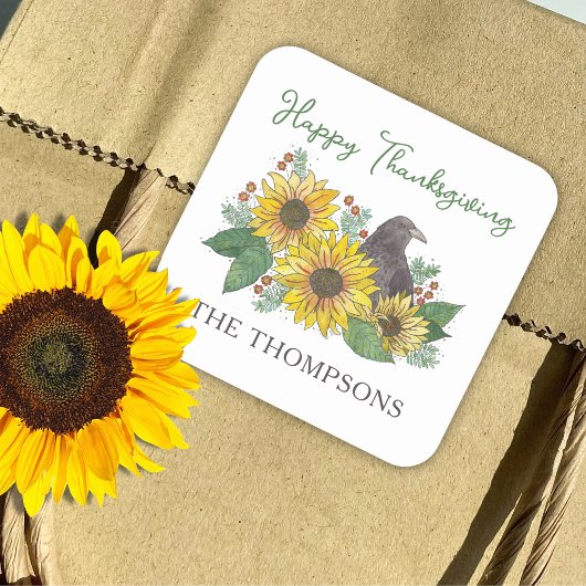 Crow in Autumn Flowers Thanksgiving Envelope Seal Vierkante Sticker