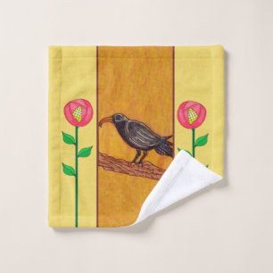 Crow noir sur Branche Fleurs rouges Jaunes Feuille