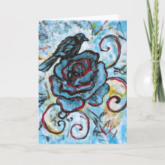 Crow sur un Rose bleu, carte de voeux (Devant)