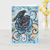 Crow sur un Rose bleu, carte de voeux (Fleur jaune)