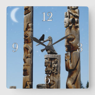 Crow & Totem Poles Native American Art Clock Vierkante Klok