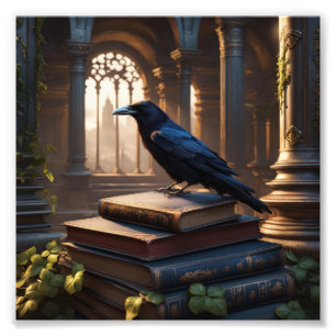 Crow Zittend op oude boeken in een kerk Foto Afdruk