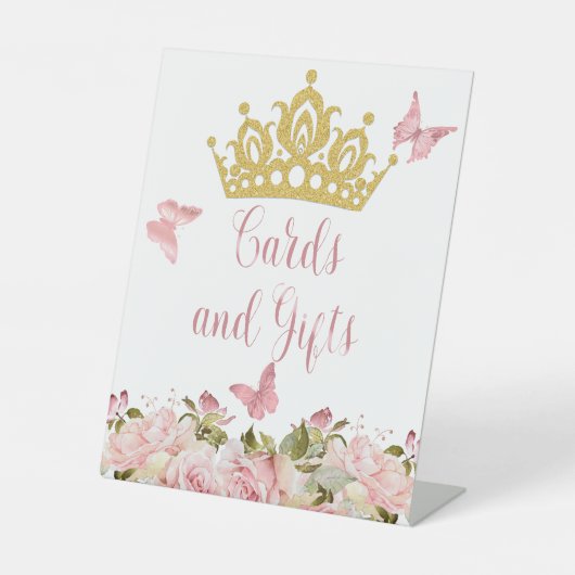 Crown Butterflies Roze Bloemen Kaarten en geschenk Reclamebord Met Voetstuk (Voorkant)
