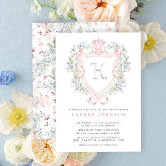 Crown Crest Monogram Roze Blauw Baby shower Kaart