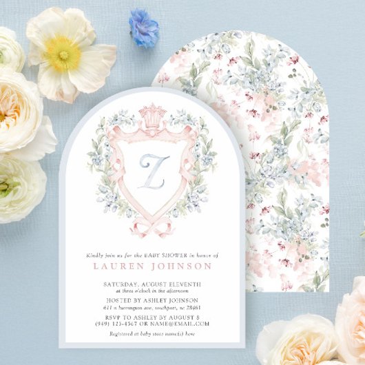 Crown Crest Monogram Roze Blauw Baby shower Kaart