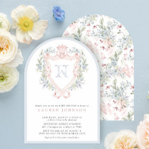 Crown Crest Monogram Roze Blauw Baby shower Kaart