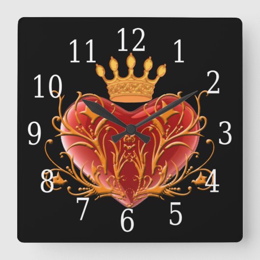 Crown Filigree Heart Square Clock Vierkante Klok (Voorkant)
