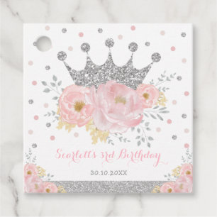 Crown Princess Blush Pink Floral Silver Birthday Bedankjes Labels