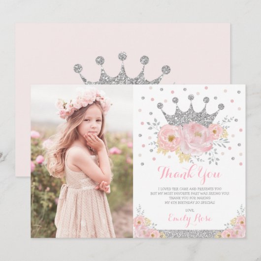 Crown Princess Blush Pink Silver Birthday Foto Bedankkaart (Voorkant / Achterkant)