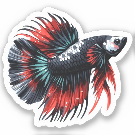 Crown Tail Betta Fish Zwart Wit en Rood Sticker (Voorkant)
