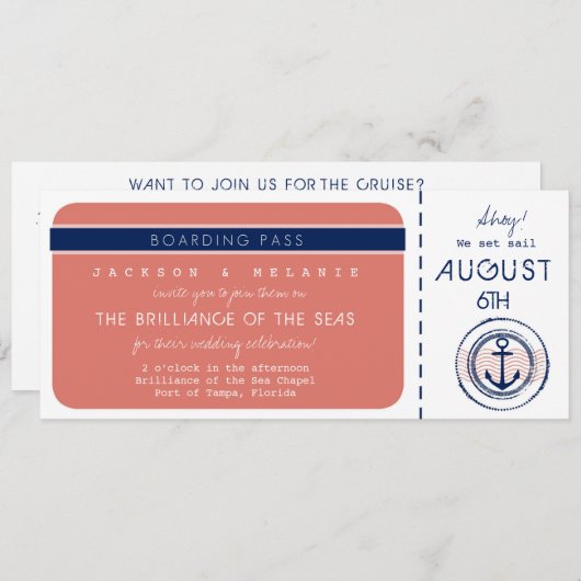 Cruise Ship Anchor Boarding Pass Wedding Invite Kaart (Voorkant / Achterkant)