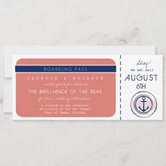 Cruise Ship Anchor Boarding Pass Wedding Invite Kaart (Voorkant)