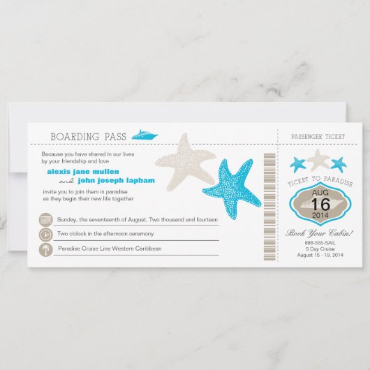Cruise Starfish Boarding Pass Wedding Kaart (Voorkant)