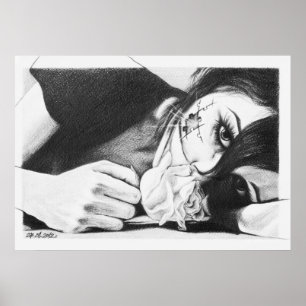 Crying girl with rose Surreal drawing art Poster