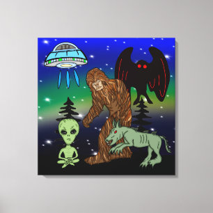Cryptid Big Foot Alien Mothman UFO Chupacabra Canvas Afdruk