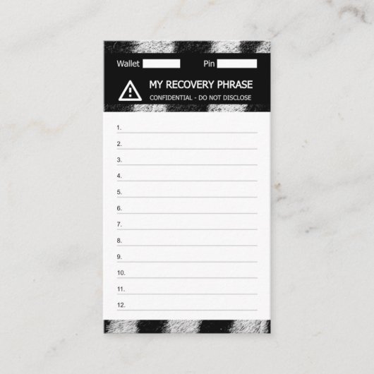 Crypto Portemonnee Zebra Recovery Seed Phrase 12 Visitekaartje (Voorkant)